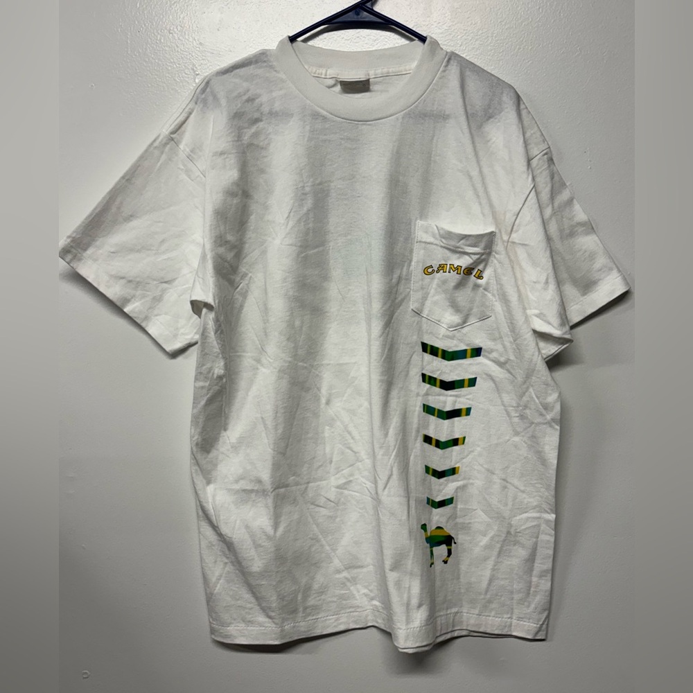 Vintage 90s American Born Single Stitch White Camel Cotton T-shirt Size XL